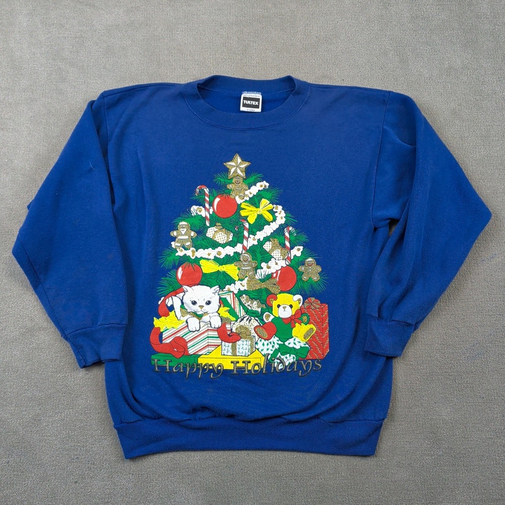 Tultex Christmas Sweatshirt Womens XL Blue Vintage 90s Kitten Tree Made in USA